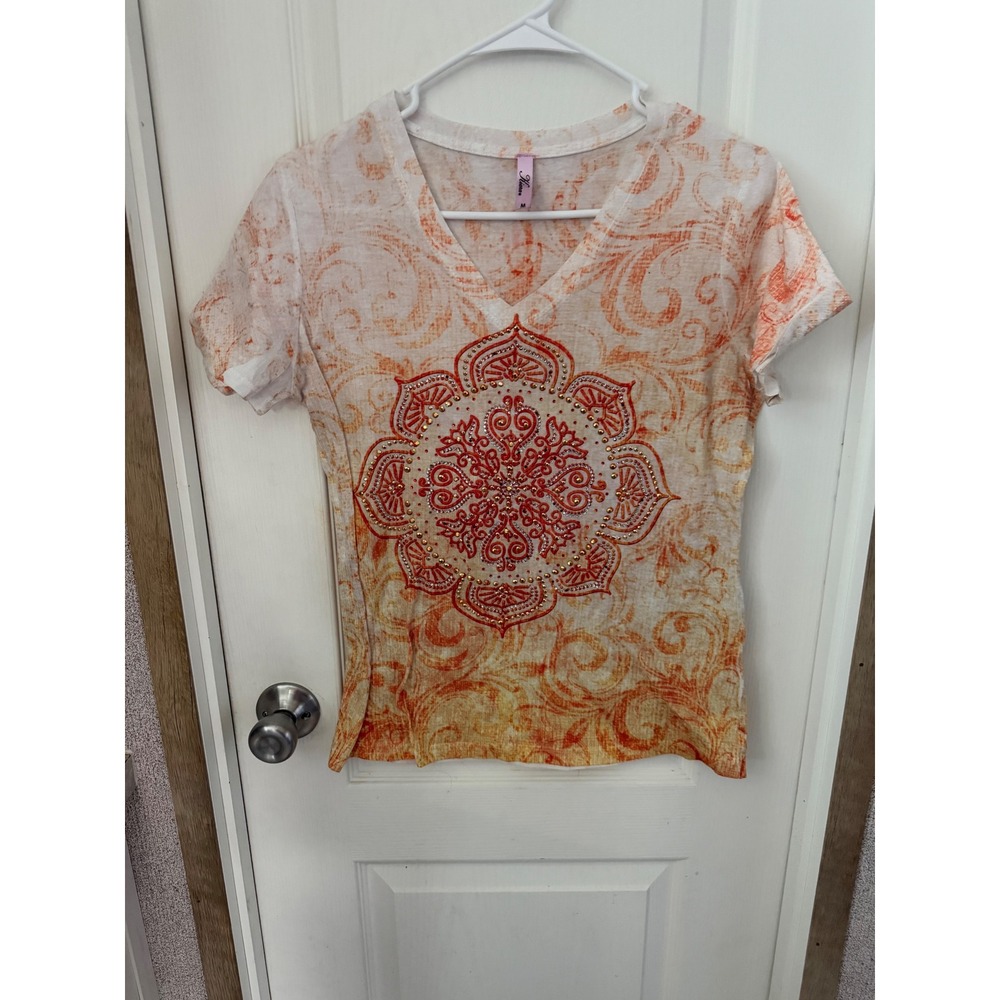 Kiara Womens Orange Red Mandala Rhinestone V-Neck T-Shirt Boho SCWK5401 Medium‎